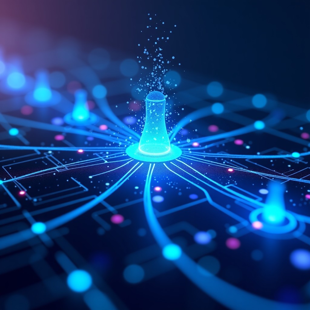 A futuristic digital interface showing Gemini AI processing complex data and generating visual insights, blue and purple glowing particles, sleek glass design, high-tech atmosphere. 4:3