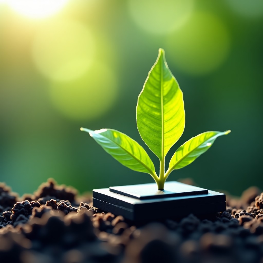 A conceptual image of a high-tech AI chip resting next to a fresh green leaf, symbolizing the balance between technology and environment. Soft bokeh background, 4:3 aspect ratio.