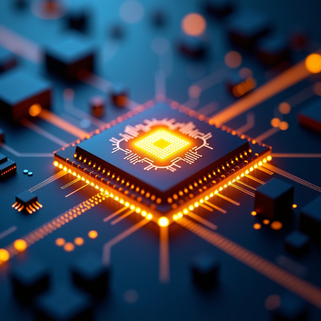 A high detailed AI processor chip glowing on a circuit board, golden paths of light, futuristic technology concept, dark background with subtle blue accents, cinematic lighting, 4:3