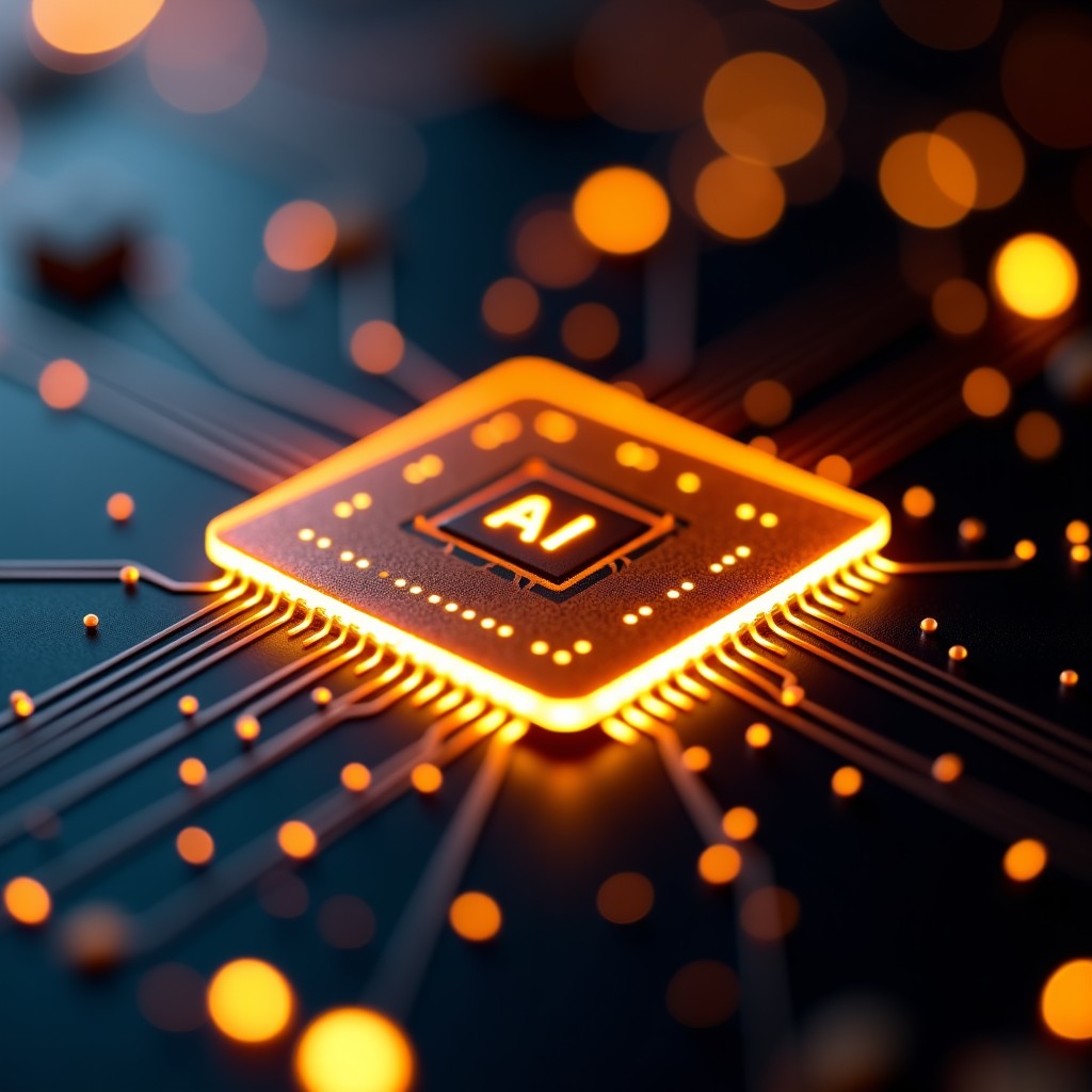 A close up shot of a sophisticated AI semiconductor chip glowing with golden neural network patterns on a dark circuit board. High contrast and cinematic lighting. No text. 4:3