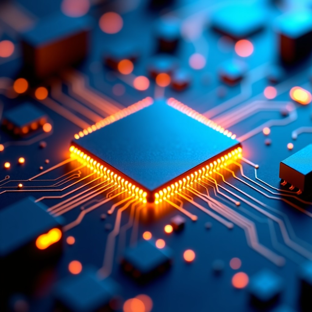 Close up of a high tech AI processor chip on a circuit board with glowing data lines, gold and blue lighting, macro photography style, 4:3