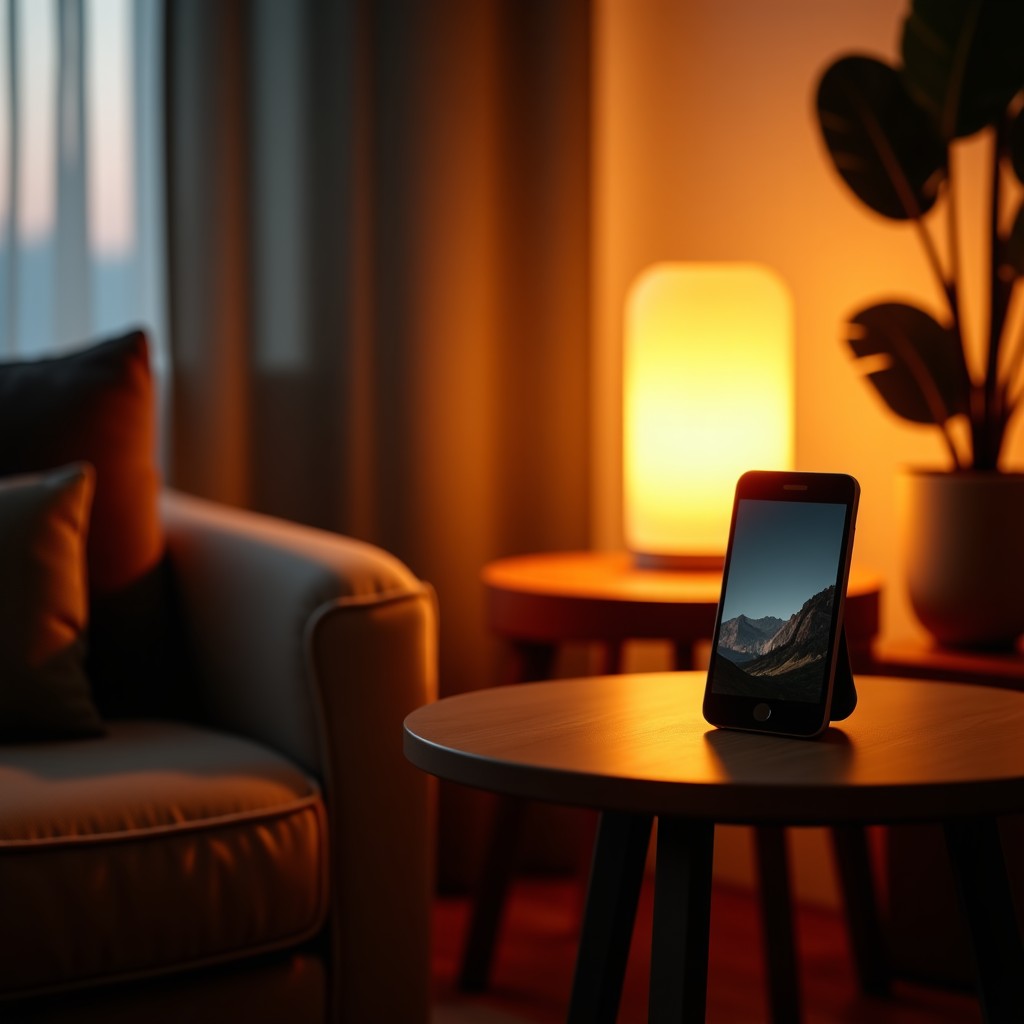 A cozy living room at sunset with a glowing smart device on a side table. Soft light fills the room, creating a sense of comfort and emotional connection. Realistic photography, 4:3