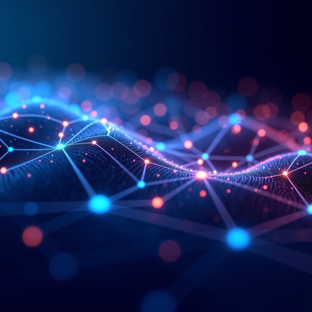 An abstract visualization of artificial general intelligence, glowing neural networks connecting dots of light, futuristic and high-tech aesthetics, deep blue and purple gradient background, high contrast, 4:3