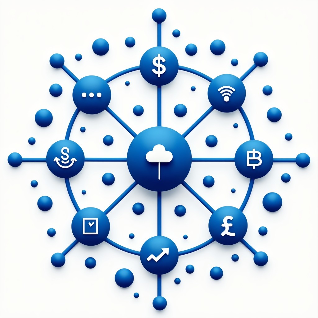 Conceptual digital illustration of artificial intelligence neural networks integrating with business data symbols, clean and modern layout, high contrast blue and white tones, 1:1