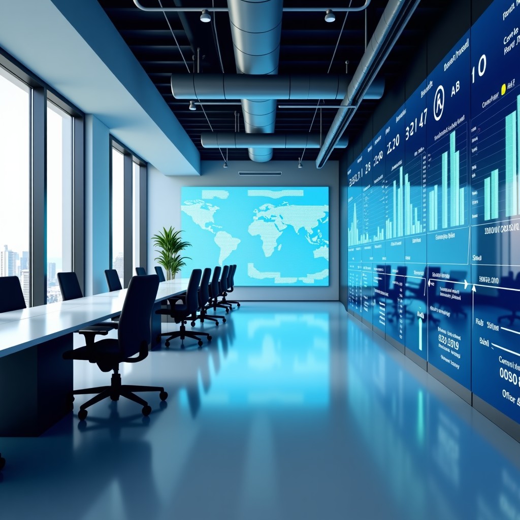 A modern office environment with digital AI interfaces integrated into glass screens, reflecting a futuristic workspace for finance and technology sectors, clean and professional atmosphere, 4:3