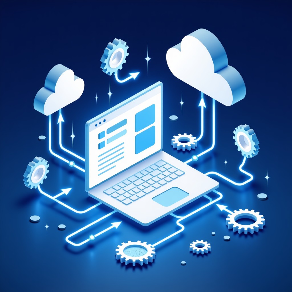 A sleek and modern conceptual illustration showing a stylized Claude AI interface connecting with a WordPress dashboard. Visual elements include glowing data streams, gears, and cloud symbols. Use a high-tech blue and white color palette. 4:3