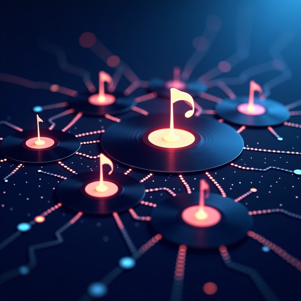 A creative digital illustration of glowing neural network lines connecting to musical notes and vinyl records. The background is a deep navy blue with subtle light particles. The aesthetic is clean and modern tech style. 4:3