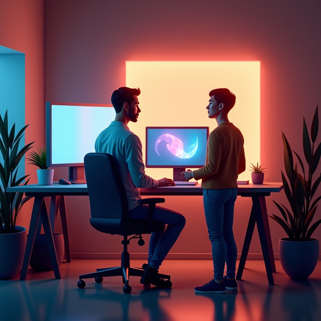 A modern artist's studio where a human is working alongside a holographic AI assistant to create digital cinema, warm lighting, creative environment, 1:1
