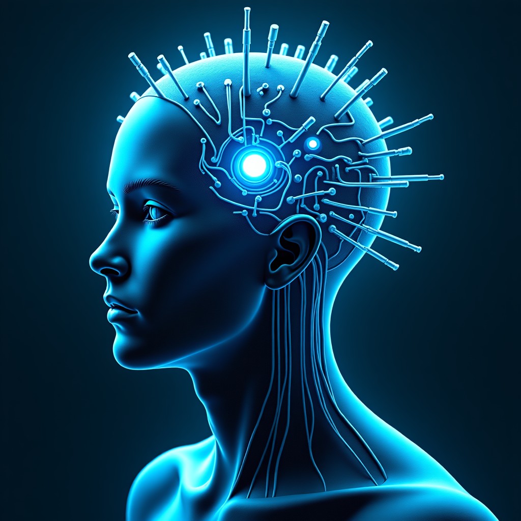 A conceptual illustration of a human head merged with complex machinery and wires, glowing blue light, dark background, artistic rendering, 1:1