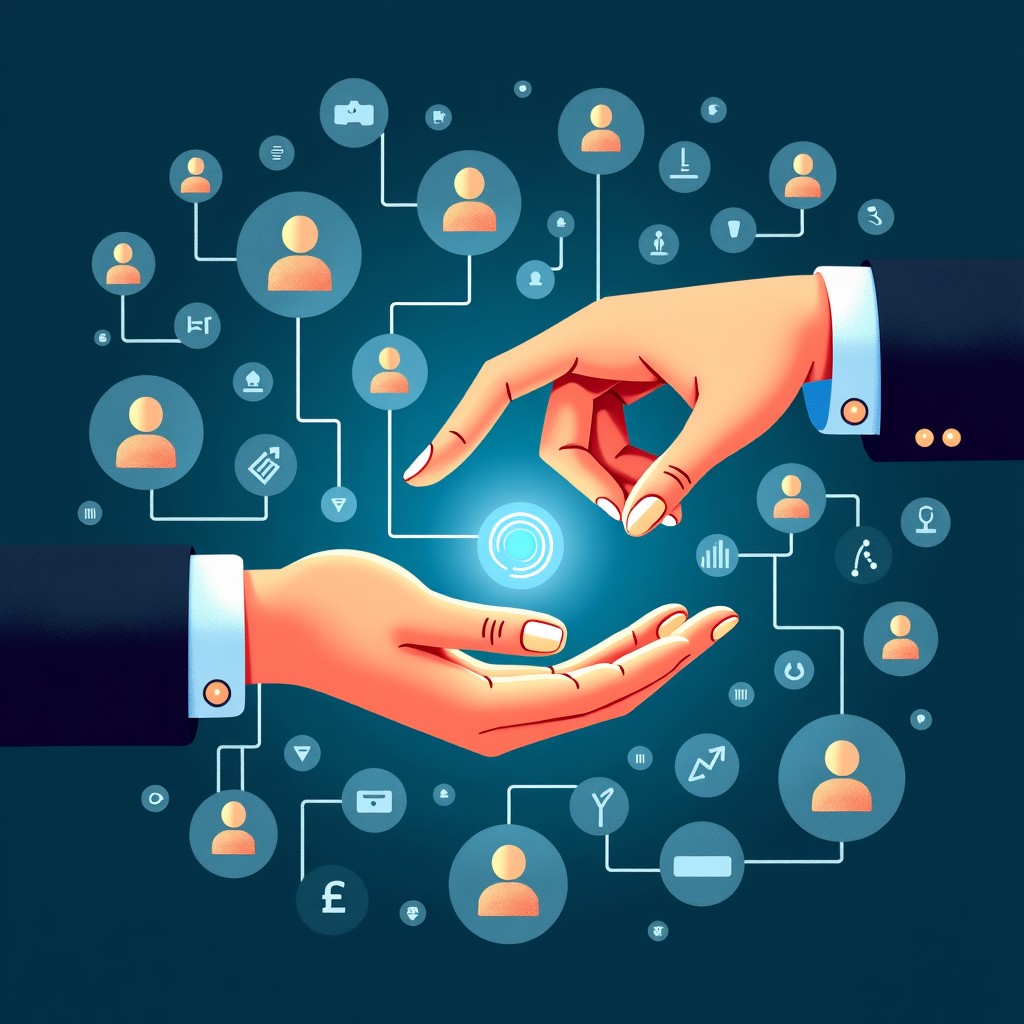 An artistic illustration showing a human hand and a digital AI hand meeting over a transparent interface filled with organizational growth icons and people symbols. Textured background with a sophisticated color palette. 4:3