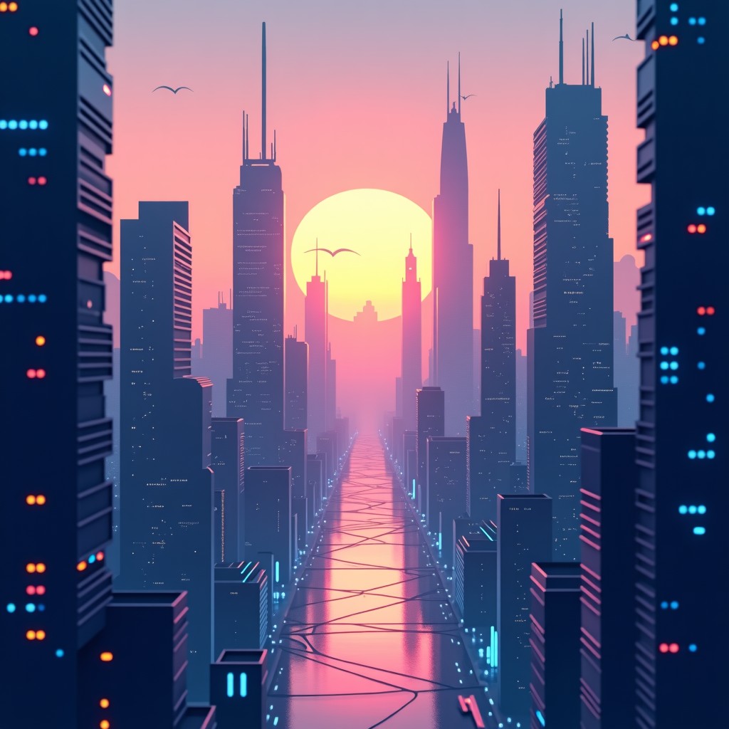 A futuristic cityscape at dusk with digital data streams flowing between buildings, soft sunset colors, serene atmosphere, 1:1
