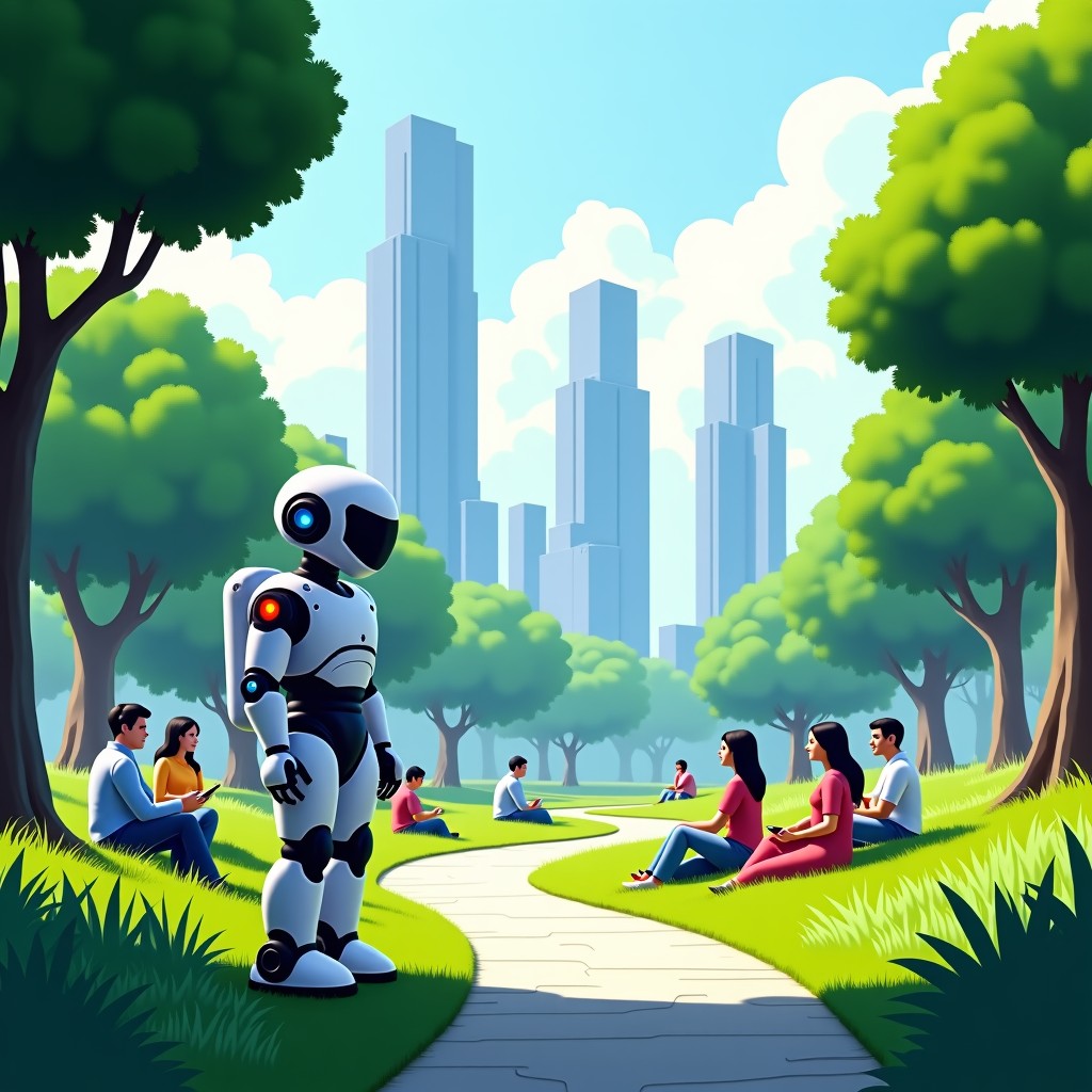 A futuristic city where advanced AI robots perform maintenance tasks while diverse groups of people relax in a lush green park, high-tech architecture in the background, clean and serene atmosphere, cinematic lighting, 4:3