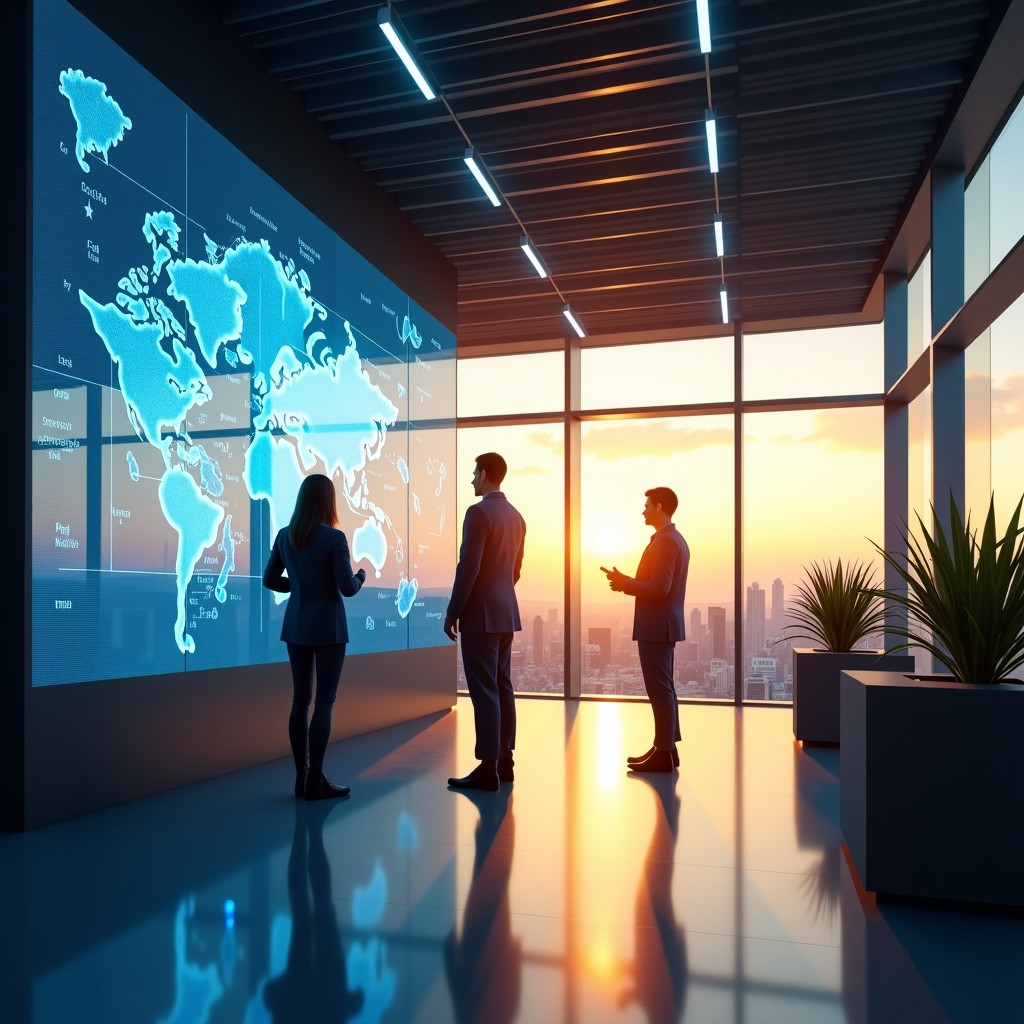 A modern research facility with glass walls, researchers interacting with large holographic screens showing complex world models, warm golden hour lighting, 4:3