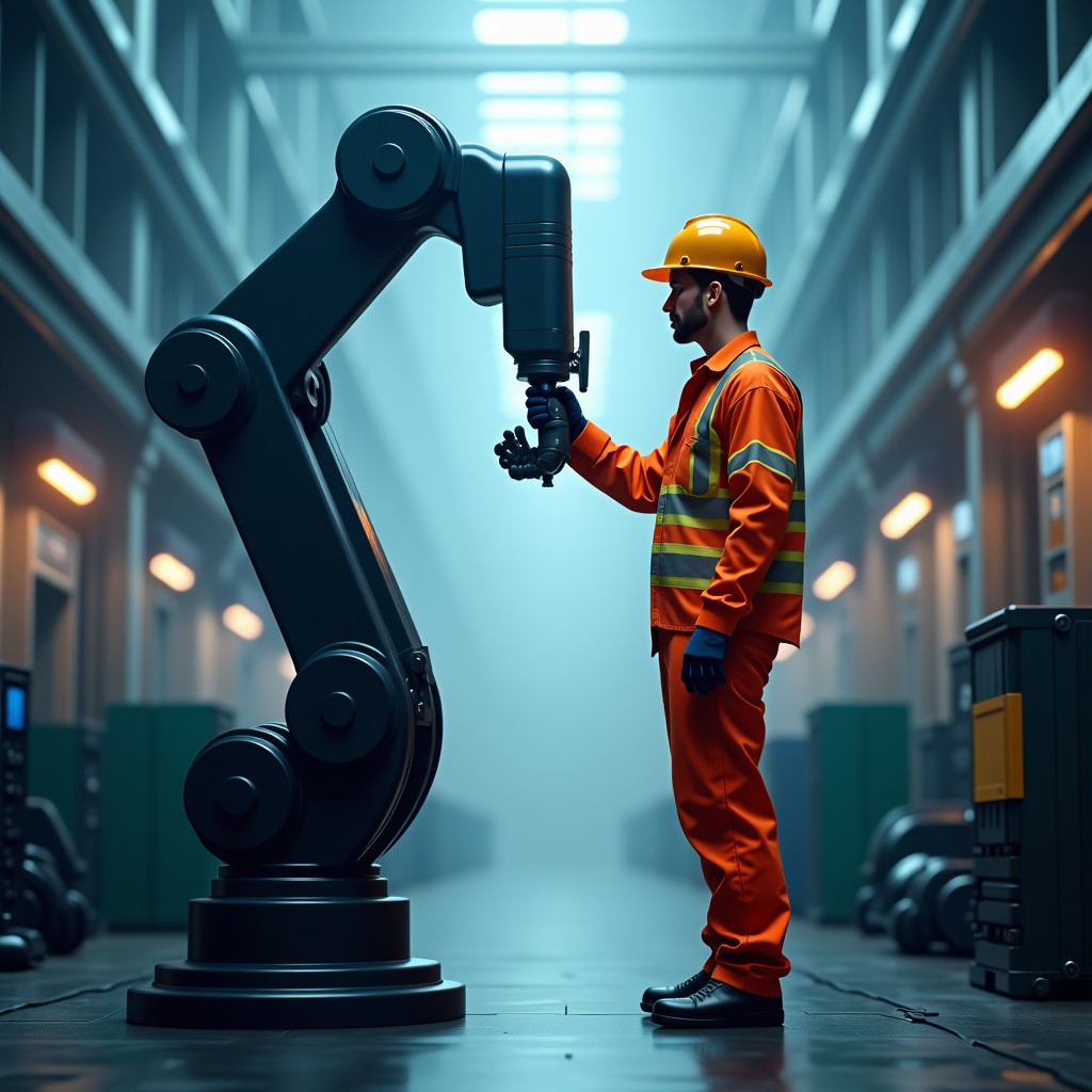 A futuristic industrial setting where a robotic arm and a human worker are positioned together, representing the transition of labor, high-tech atmosphere, realistic digital photography, 4:3