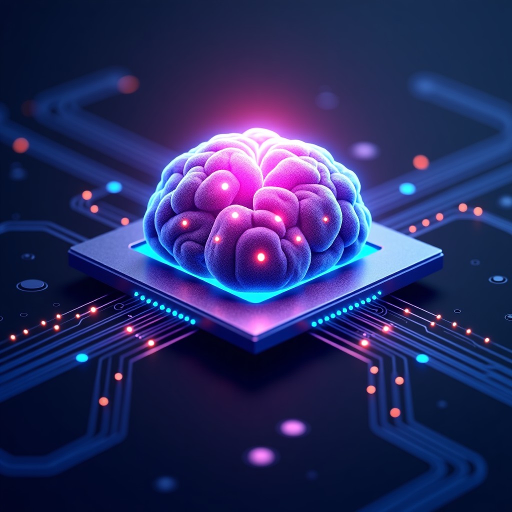 A conceptual illustration of a glowing AI brain connected to a complex semiconductor structure. The image represents the co-evolution of software and hardware. Professional digital art style with deep purple and cyan lighting. 4:3