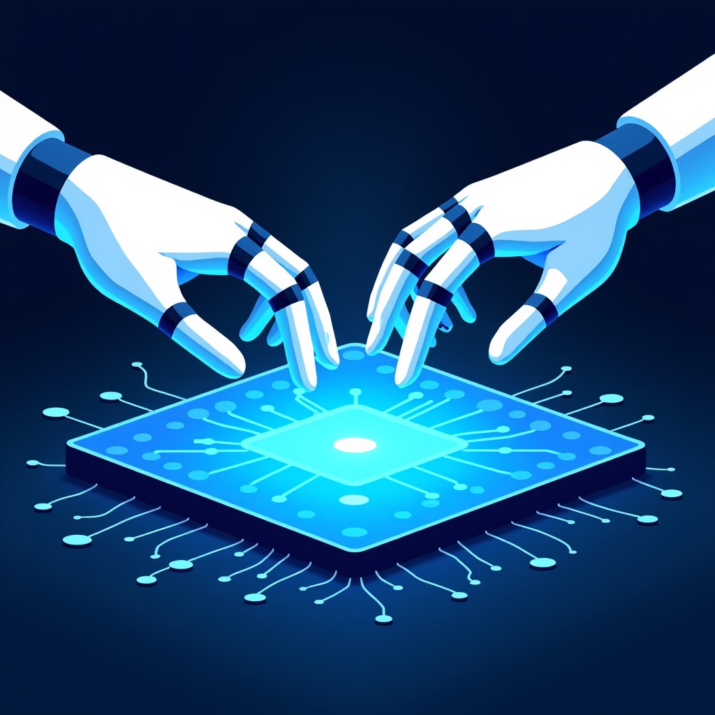 A conceptual illustration of a human hand and a robotic hand meeting over a digital interface representing software development and collaboration. High contrast neon blue and white colors. No text. 4:3