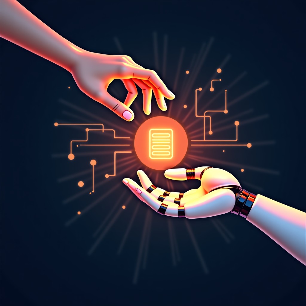 A sleek conceptual illustration of a human hand and a robotic hand reaching towards a glowing hologram of a software application. Dark background with neon orange and white light rays. Artistic rendering style 4:3