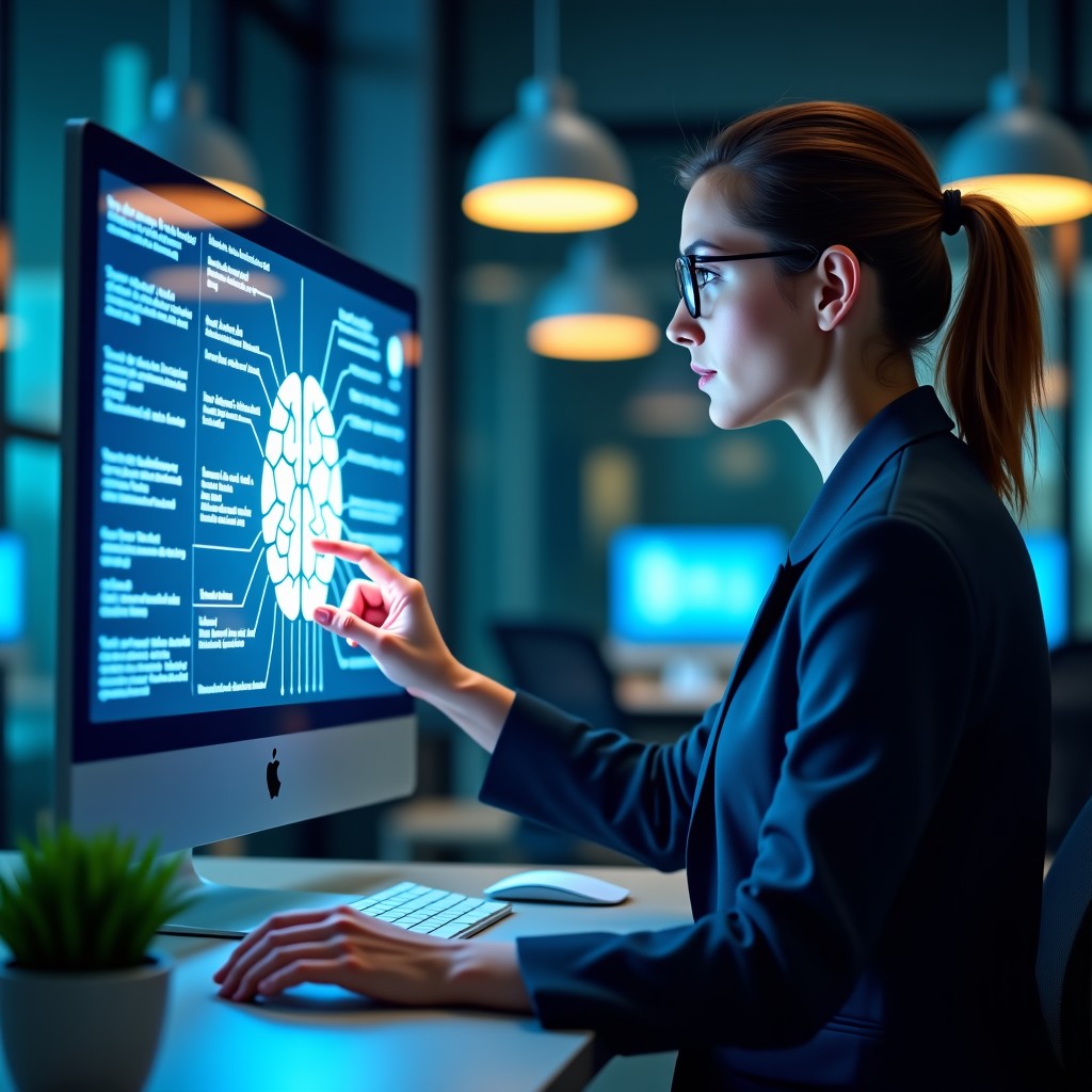 A professional office worker in a modern workspace interacting with a glowing digital brain interface representing AI technology, clean and high contrast layout, 4:3