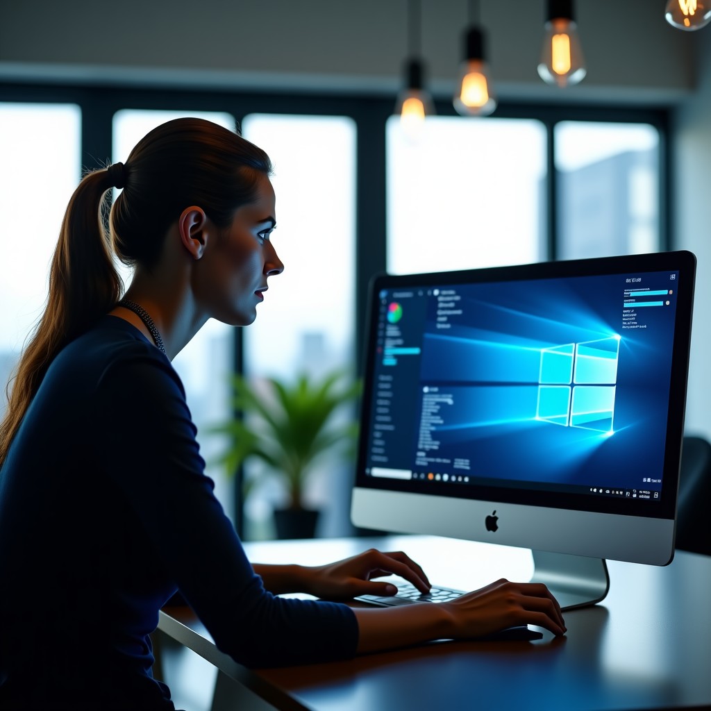A professional person working in a modern office with a holographic AI interface overlaying their computer screen, natural lighting, focused and calm atmosphere, 1:1