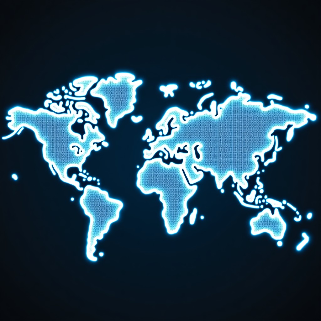 A high-tech digital visualization of a global logistics network with glowing blue neural connections linking cargo trucks, ships, and planes across a dark world map. Cinematic lighting, professional technology concept art, 4:3 aspect ratio.