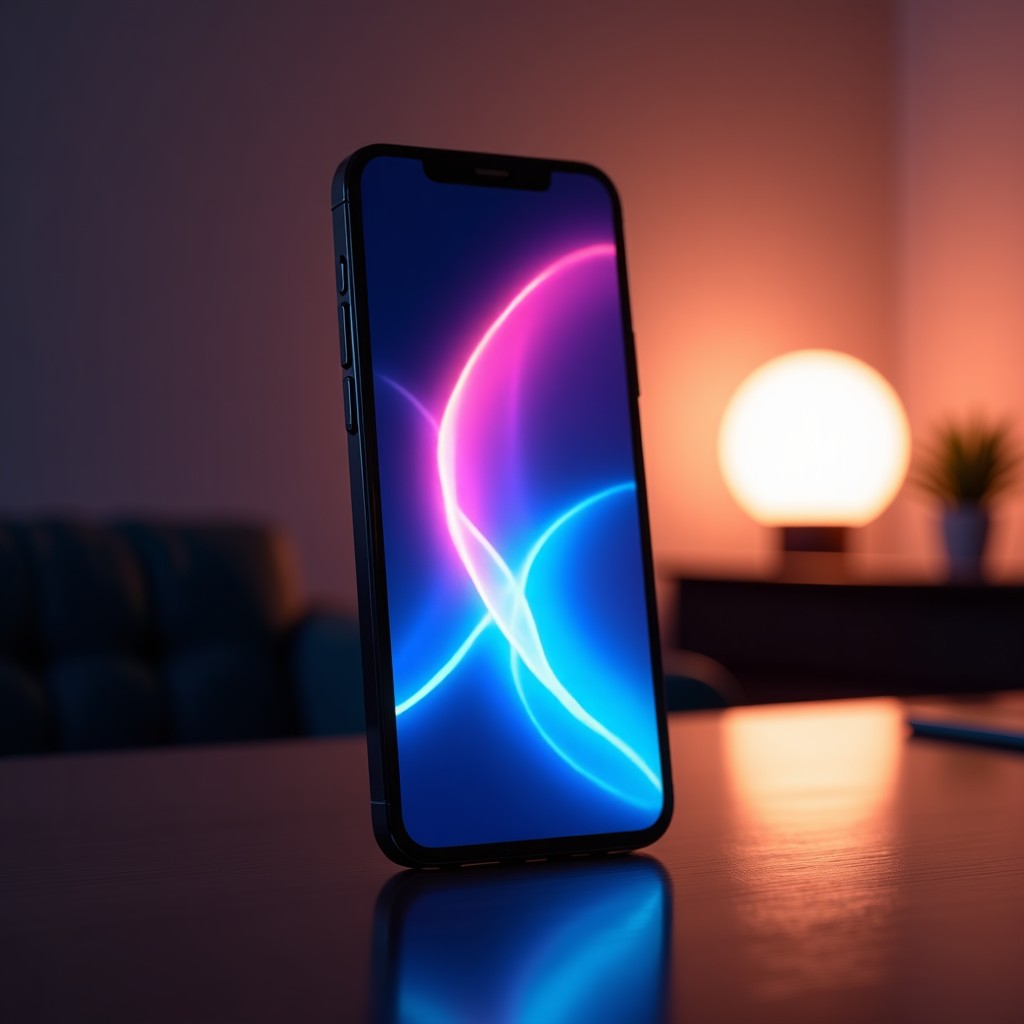 A sleek smartphone screen displaying a vibrant and glowing AI voice assistant interface with colorful light waves. The background is a modern dimly lit room with soft ambient lighting. 4:3
