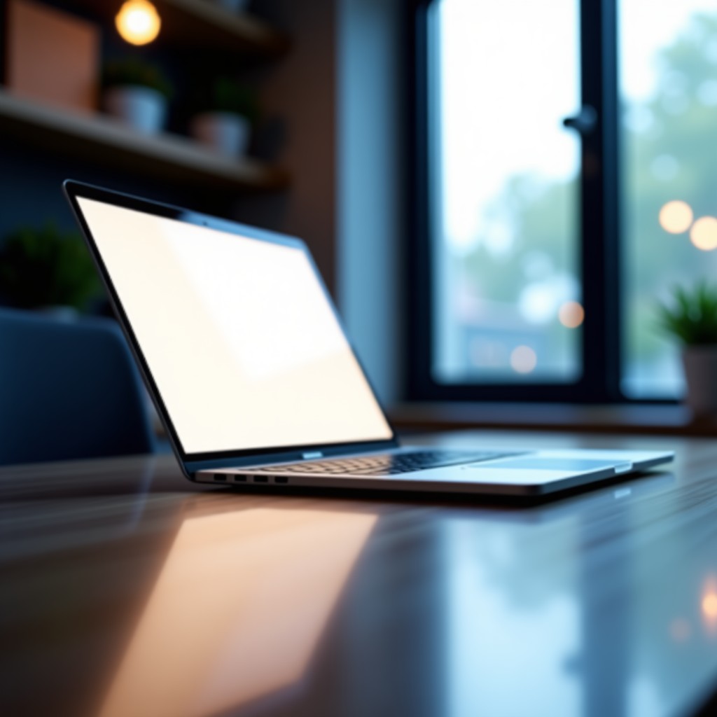 A modern office desk with a clean laptop showing a futuristic UI, soft natural lighting, high-end professional atmosphere, 4:3