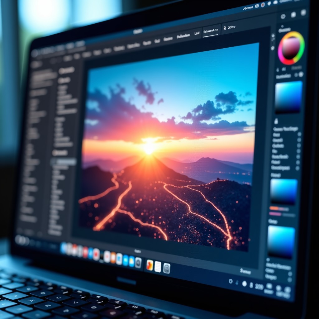 A close up shot of a computer screen showing an AI powered image editing tool. Glowing lines and particle effects indicating the AI processing a photo of a beautiful landscape. High-tech and futuristic atmosphere. 4:3