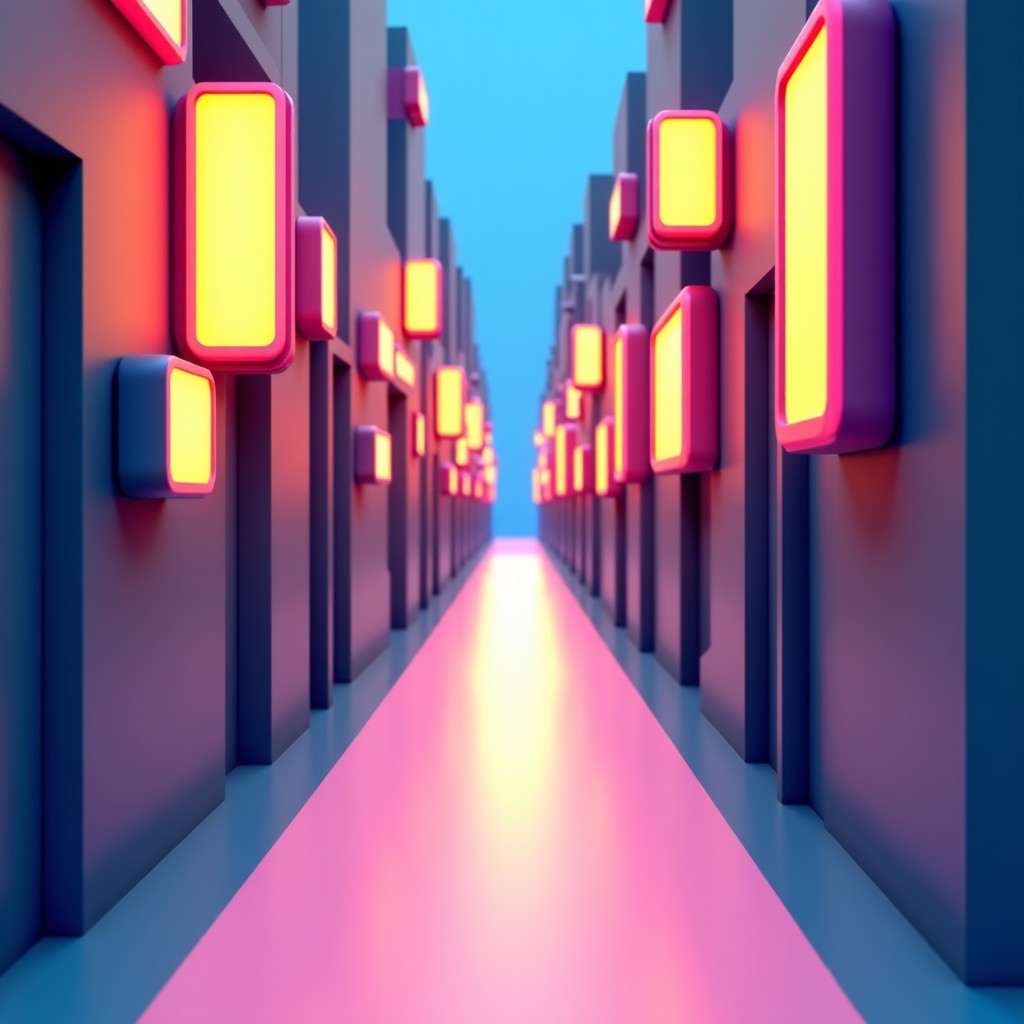 A conceptual 3D illustration of a path splitting into two directions. One path is cluttered with bright neon advertising signs, the other path is clear, illuminated by a soft white light. Modern artistic rendering. 4:3