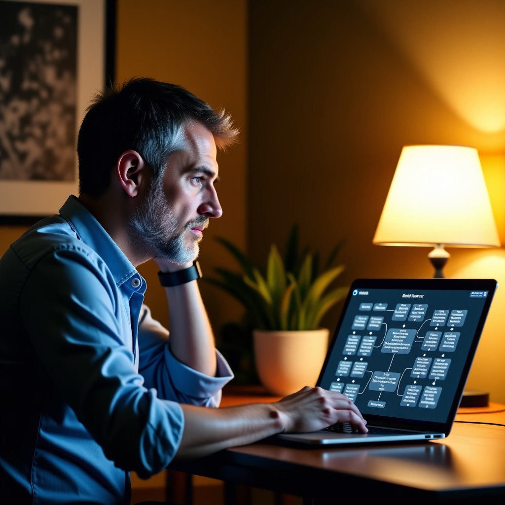 A confused British middle-aged man sitting at a desk with a laptop looking at a digital family tree on the screen where names keep changing. Realistic photography with warm indoor lighting. 4:3