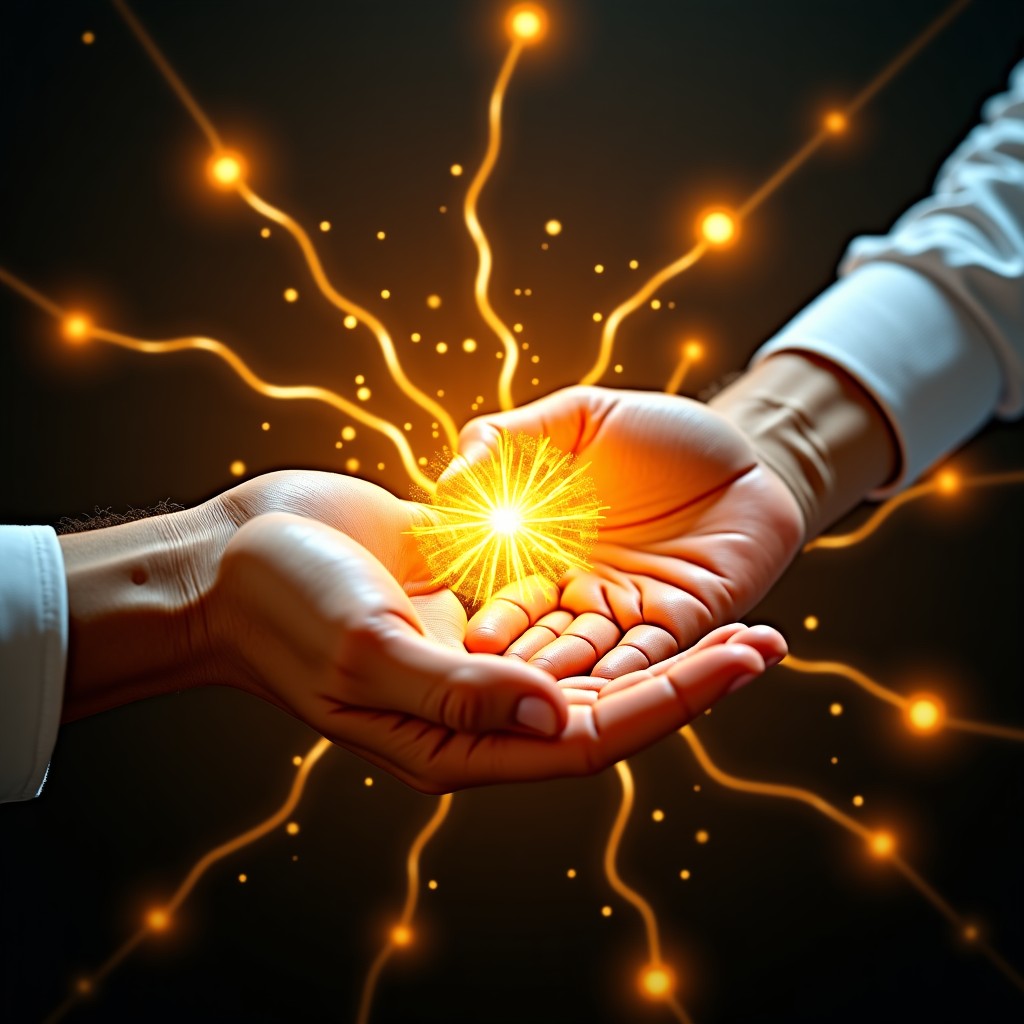 An artistic representation of a neural network being shaped by human hands. Bright gold light flowing through digital connections. The composition is centered and balanced with a futuristic tech vibe. 1:1.