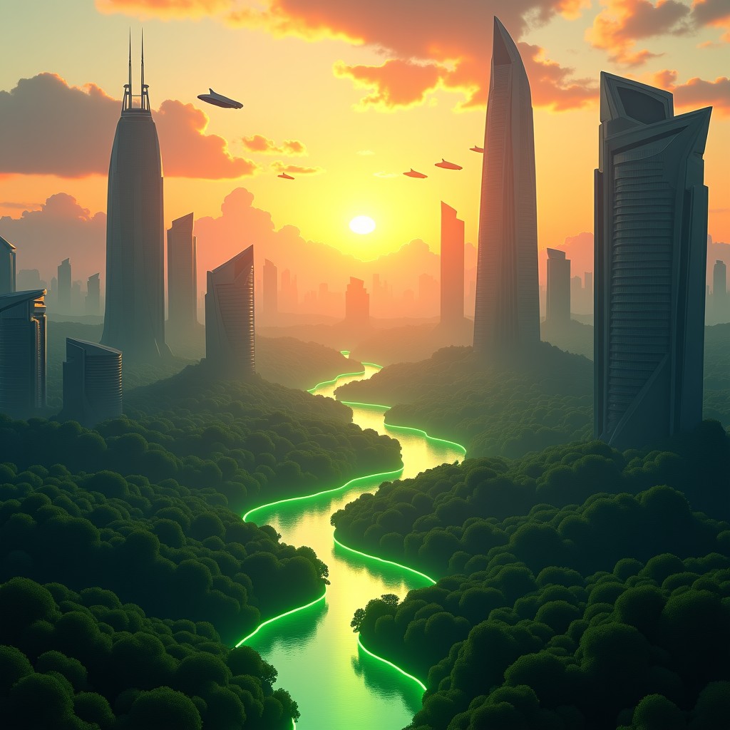 A futuristic cityscape at sunset with flying vehicles and glowing green spaces, representing a sustainable world powered by advanced AI, cinematic masterpiece, 4:3
