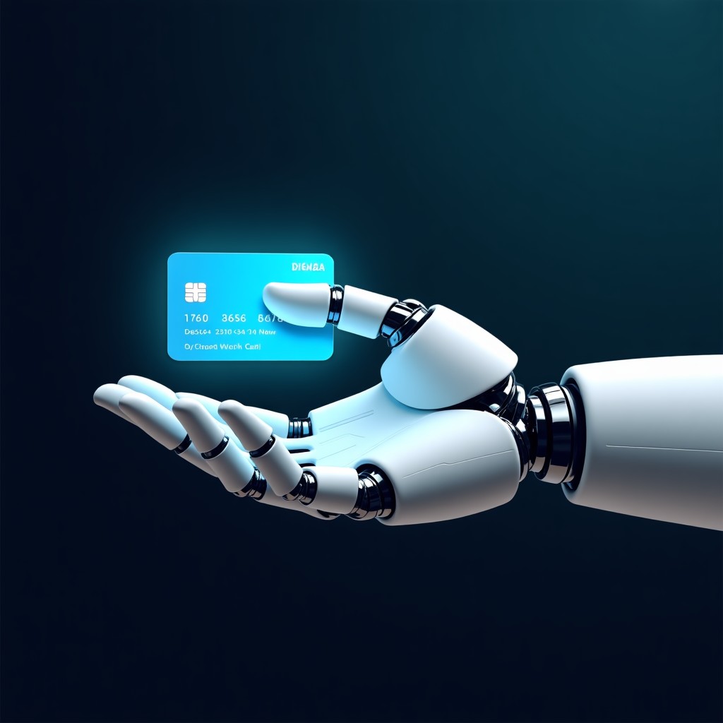 A futuristic robotic hand interacting with a holographic credit card and digital payment interface, clean fintech aesthetic, high contrast, 4:3