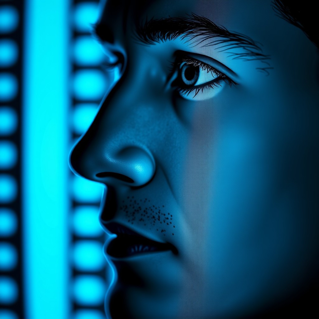 Close up of a mans face in classic film style being scanned by a blue digital mesh grid. The background is a blurred film reel. Technical and detailed composition, 4:3.