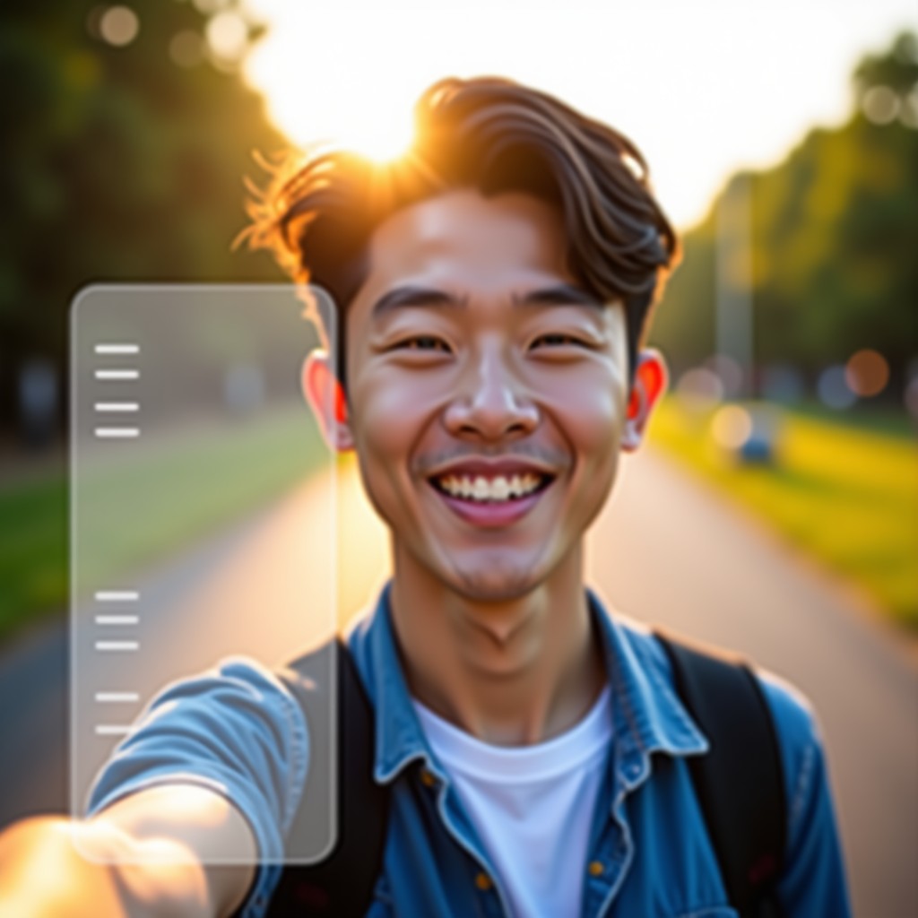 A young Korean man taking a natural outdoor selfie with a bright smile. Beside him, a translucent digital overlay shows analytical markers like lighting quality and face visibility. Realistic photography style, golden hour lighting, 4:3