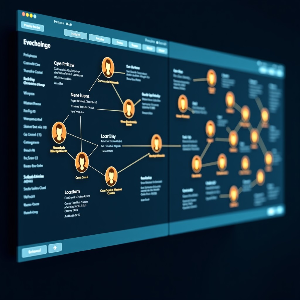 A detailed digital evidence board showing a network of interconnected suspects with profile icons, line connections, and location tags on a dark background. Glowing nodes representing key evidence. Professional investigative interface design. 4:3