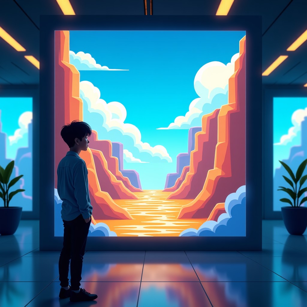 A high-tech laboratory setting where a large holographic screen displays a vibrant 2D platformer game world being generated from flowing lines of golden code. A person with Korean features is observing the screen with a thoughtful expression. The atmosphere is cinematic with blue and amber lighting. 1:1