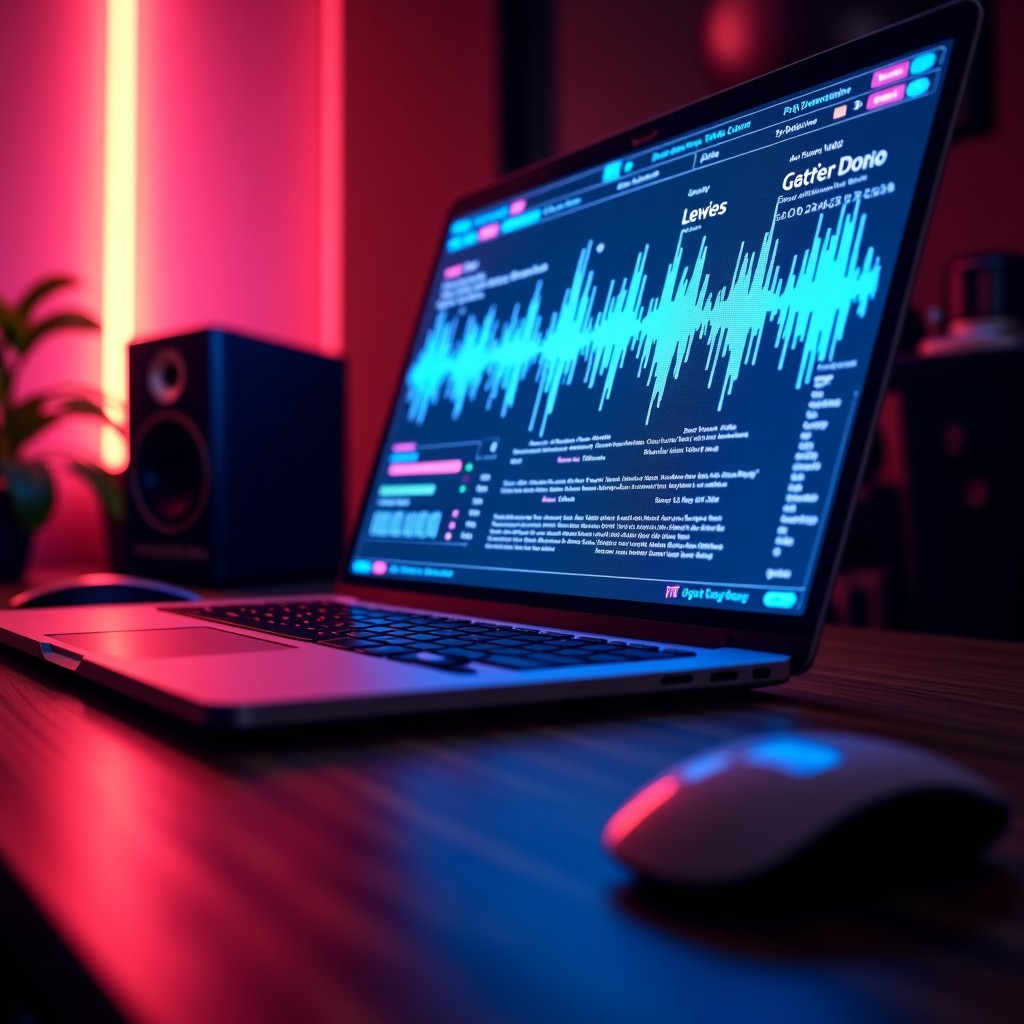 A modern digital interface showing complex musical waveforms and notes being generated by an artificial intelligence, 90s rock aesthetic, vibrant colors, professional studio environment, 4:3