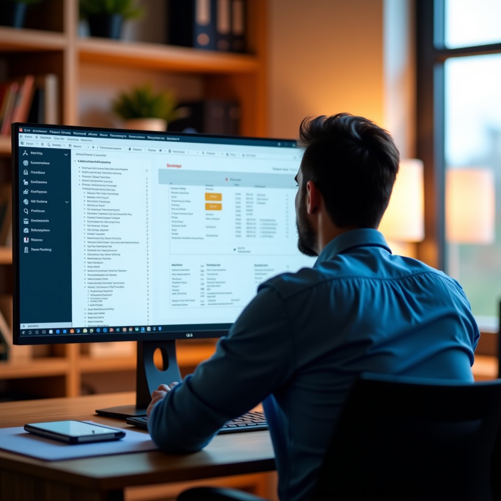 A professional person analyzing complex data on a large monitor in a brightly lit modern home office. The screen shows a well-structured document with a table of contents. Realistic photography, warm atmosphere. 4:3