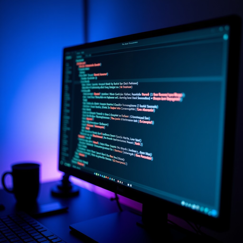 Close-up of a computer monitor displaying aggressive blog text with names highlighted. The background is a dim room with blue and purple ambient light. The style is realistic photography with a shallow depth of field, focusing on the sharp contrast of the digital text. 4:3