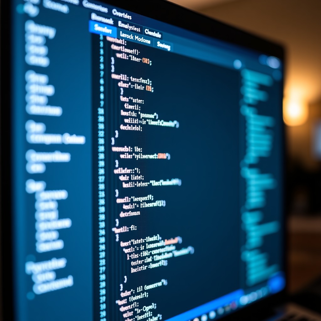 A close up of a computer monitor displaying code analysis tools and test results, high contrast, clean interface, professional tech environment, 4:3