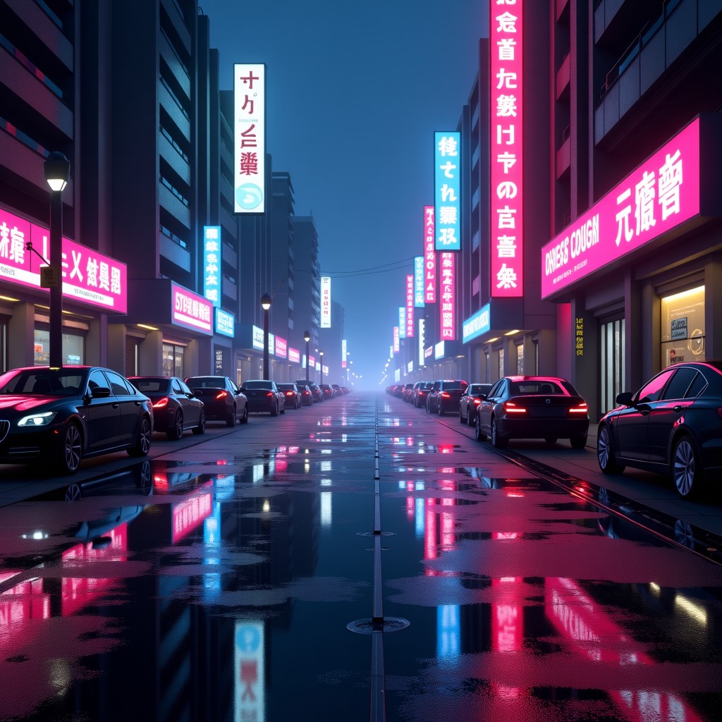 A stunning high-quality digital artwork of a cyberpunk city street at night, neon lights reflecting in puddles, cinematic lighting, created by AI, 4:3 aspect ratio.