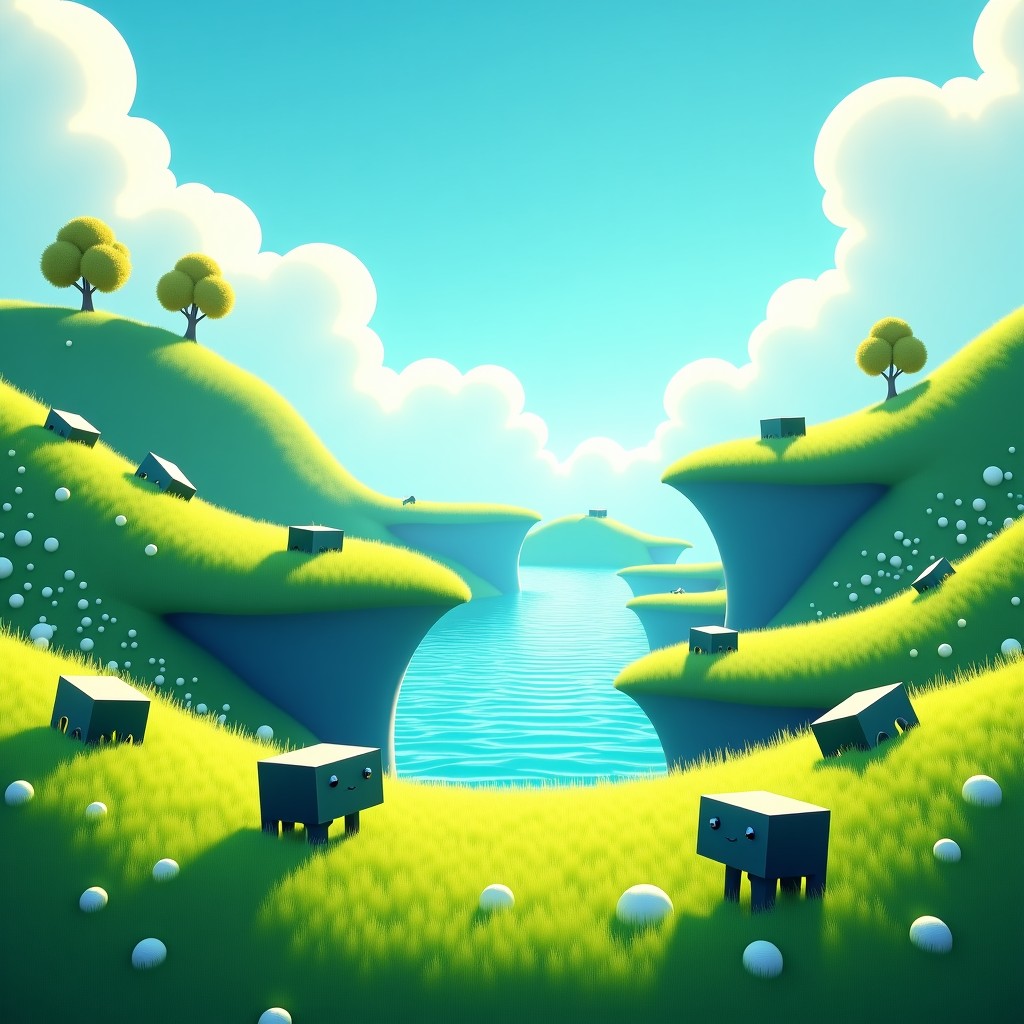 A surreal digital landscape with floating green islands and sparkling blue water in Frutiger Aero aesthetic. Strange block-shaped creatures with various joints are crawling and hopping on the grass. High contrast, bright natural lighting, 4:3
