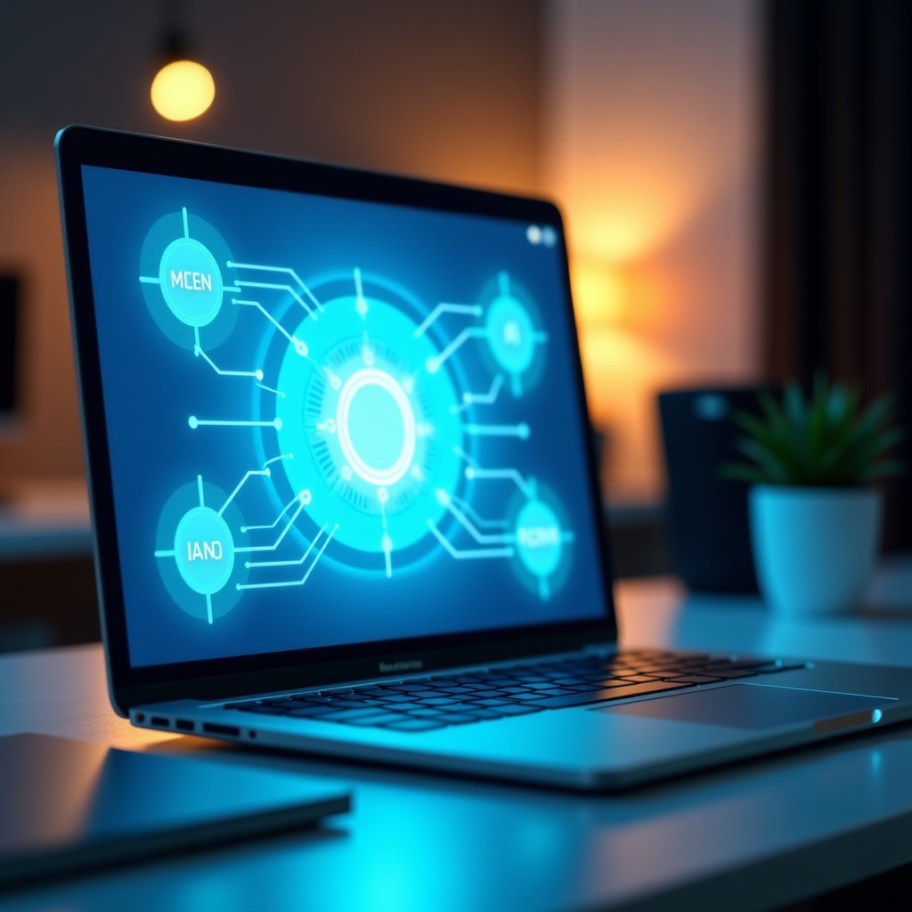 A modern office desk with a laptop and a soft blue glowing digital AI interface floating above it, representing an intelligent task agent. The background is a clean, minimalist workspace with warm lighting. High quality photography style, cinematic lighting. 4:3