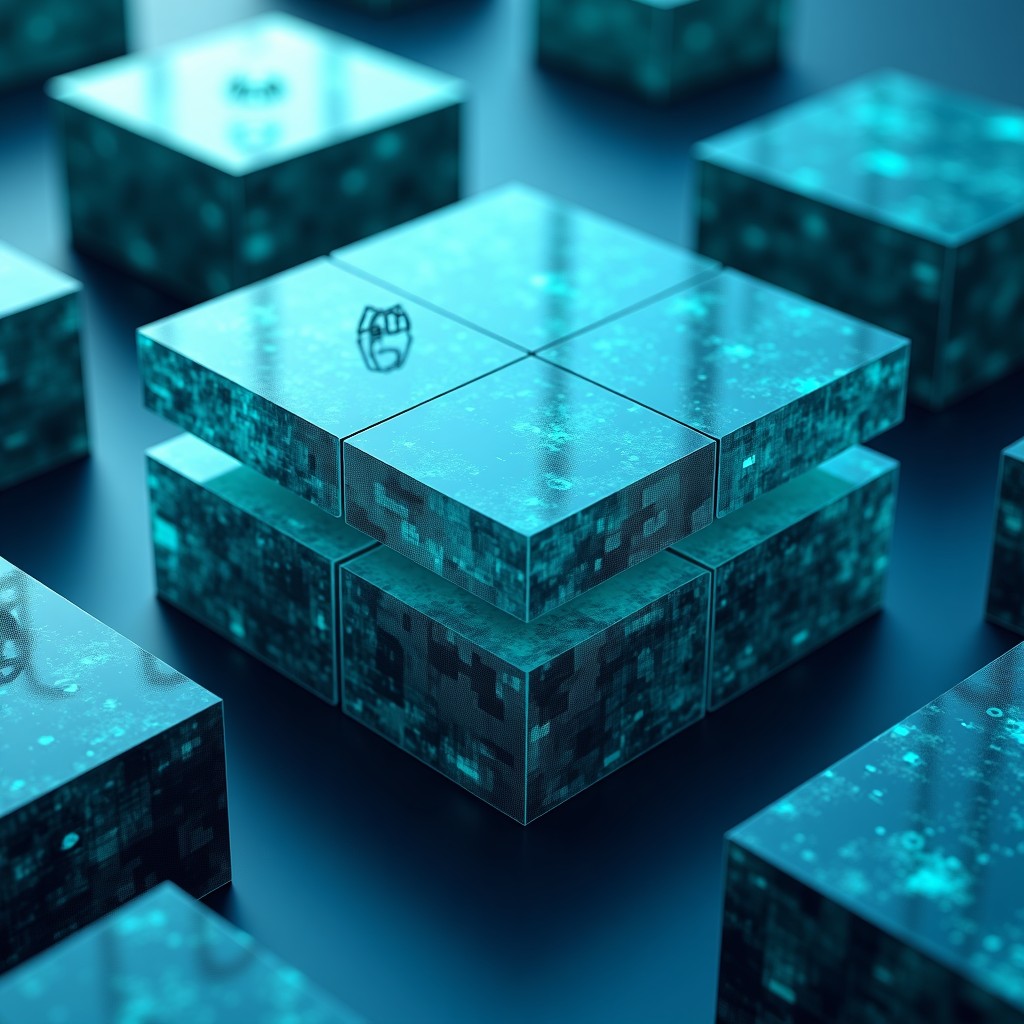 A complex 3D grid environment generated by AI, showing layers of physical interaction and spatial data, translucent architectural structures, deep blue and teal color palette, 4:3