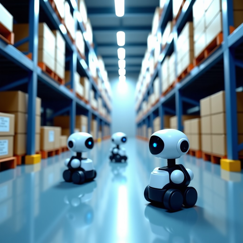 A wide view of a futuristic automated warehouse where small AI-driven robots are moving shelves and packages efficiently. The lighting is clean and bright white with blue accents. Highly detailed composition, 4:3 aspect ratio.