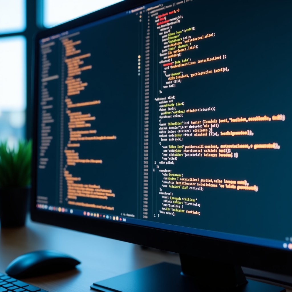 A detailed view of a computer monitor displaying a sophisticated code editor where lines of code are being automatically generated and highlighted by a glowing artificial intelligence cursor. Realistic setting, soft office lighting, 4:3