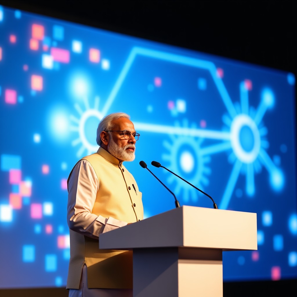 Narendra Modi standing at a high-tech podium giving a speech, behind him is a large screen with digital art representing AI in agriculture and medicine, professional photography, 4:3