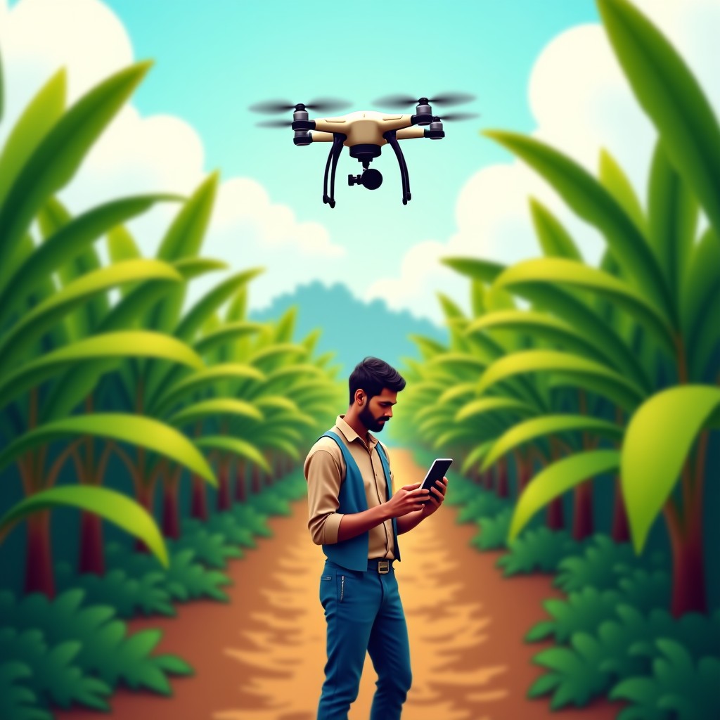 Indian farmers in a lush banana plantation using a smartphone app to detect crop diseases with a drone flying in the background. 4:3