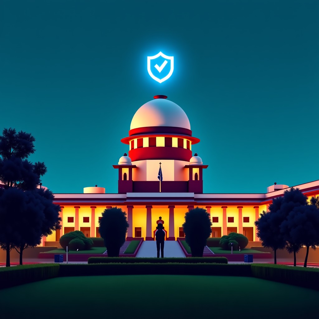A cinematic shot of the Supreme Court of India building integrated with a glowing digital shield and data privacy icons, representing WhatsApp privacy protection, high resolution, 4:3