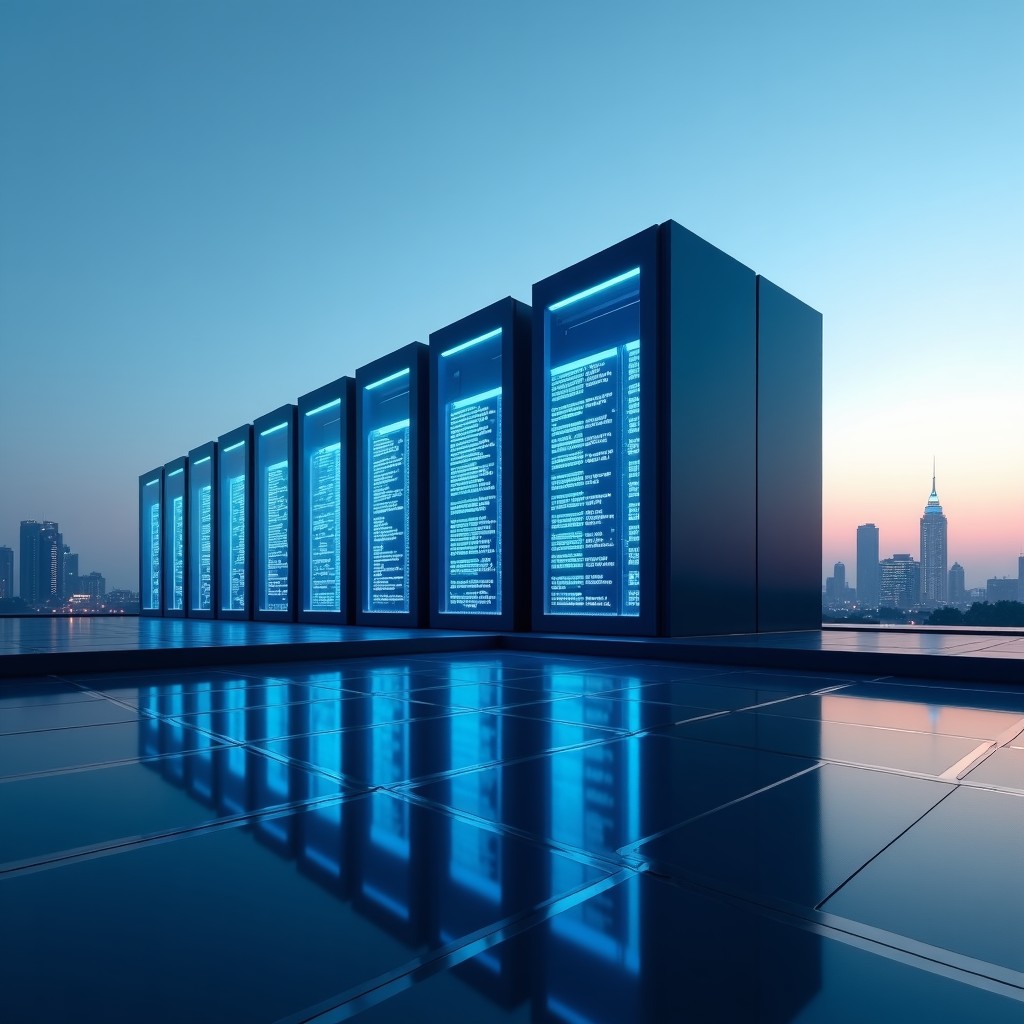 A futuristic and high-tech data center facility located in a modern Indian metropolitan area like Mumbai. The building features sleek glass and steel architecture with subtle blue LED lighting. In the background, a hint of the city skyline is visible under a clear sky. The atmosphere is professional and innovative. 4:3